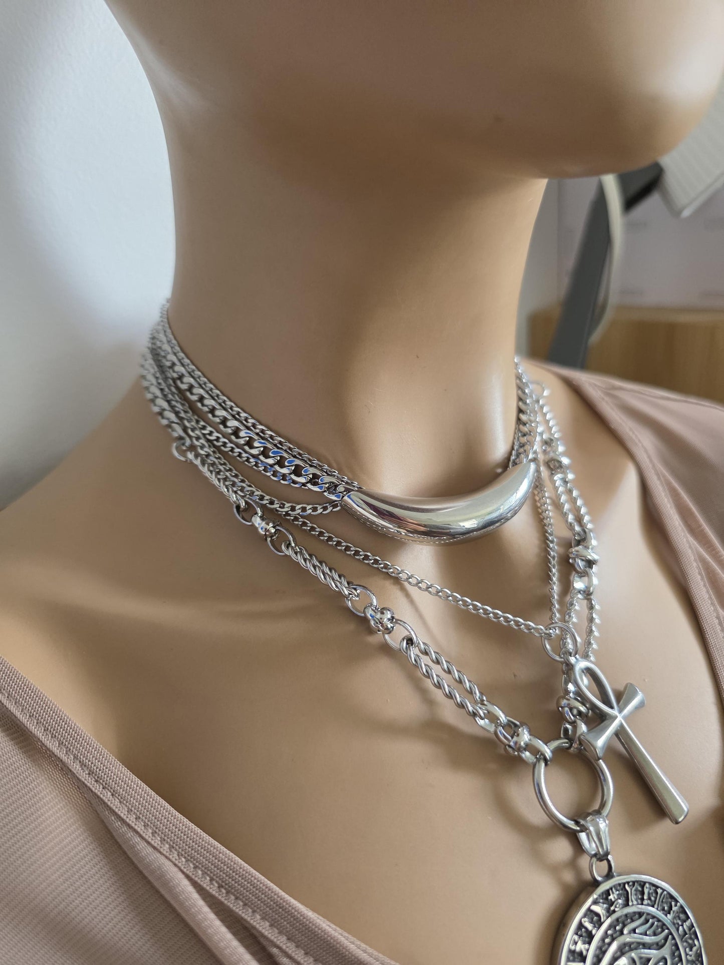 Eye of Horus Medallion Ankh Pendant Layered Necklace Set – Egyptian Protection Amulet Steel Choker