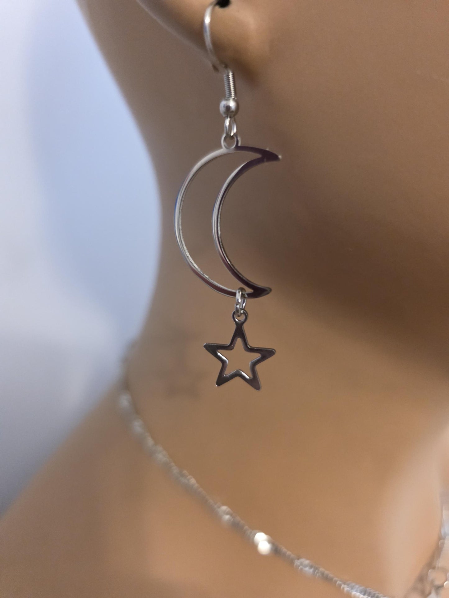 Crescent Moon Star Dangle Hoop Earrings: Stainless Steel Witchy Goth Jewelry