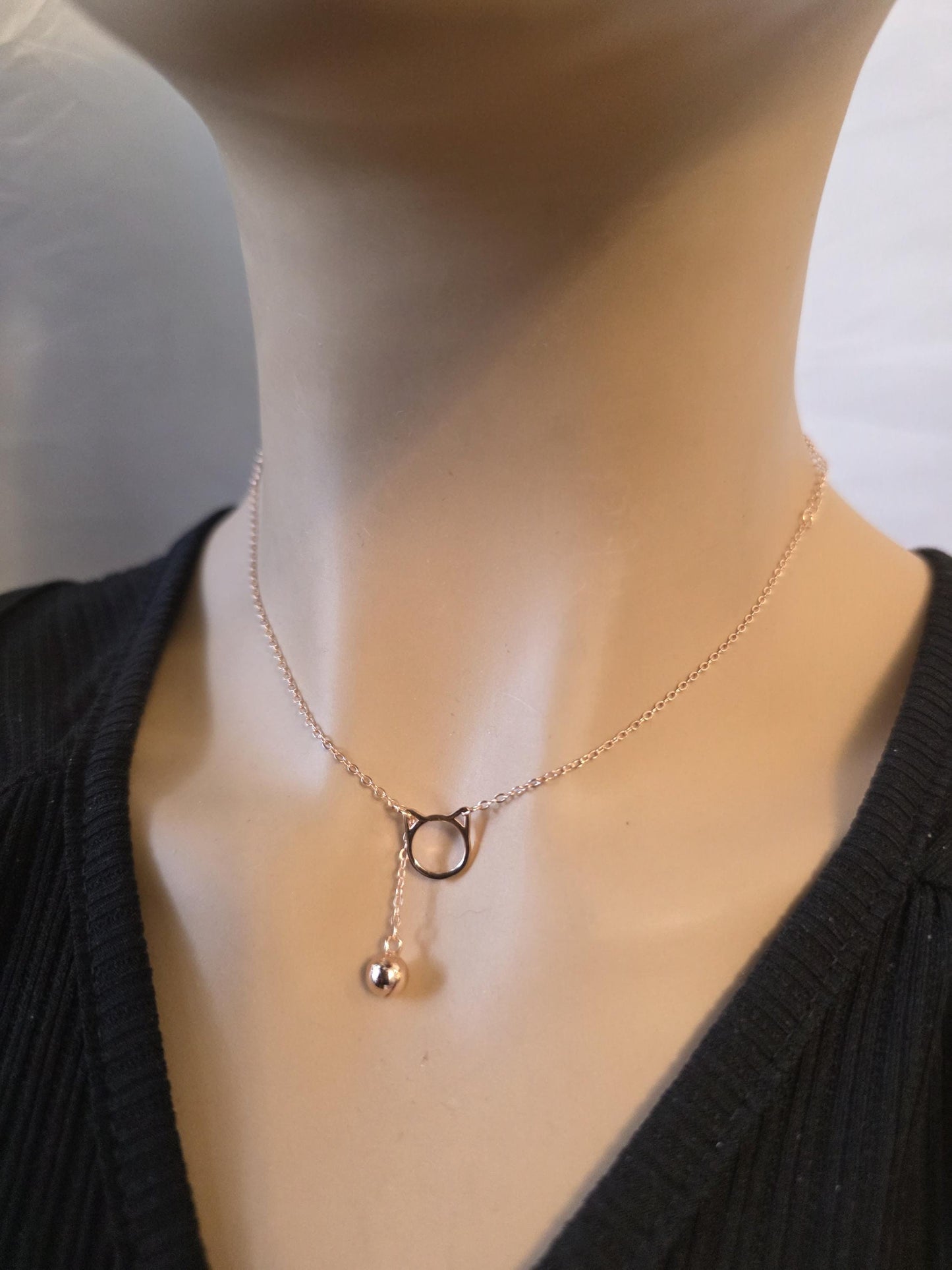 Rose Gold plated 925 Solid Sterling Silver Kitty & Bell Day Collar Choker Necklace - Intimate Partner Jewelry