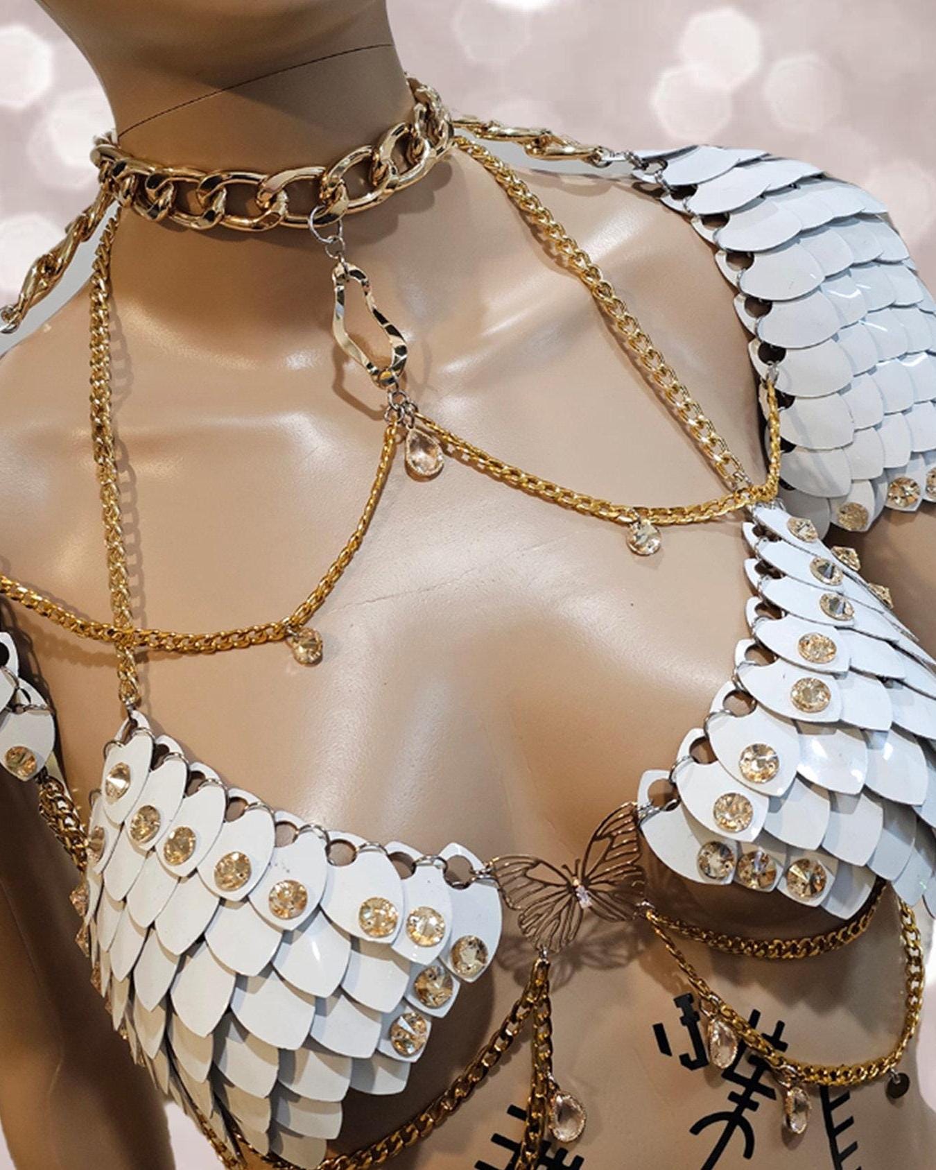 Metal White Shoulder Armor, Fantasy Scalemail Dragon Scale Womens Armor, Royal Fae Gala Fairytale Costume, Viking, Fairy Cosplay, Bookish