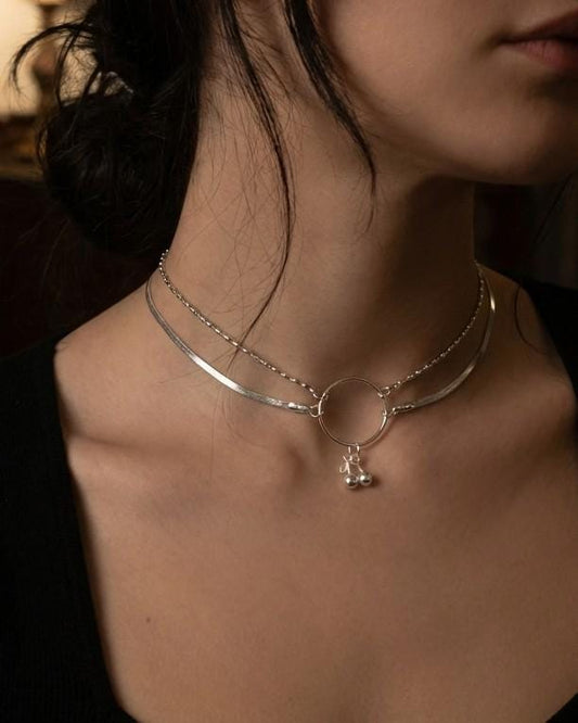 Rhodium Plated Sterling Silver Day Collar O Ring Necklace with Cherries Charm, BDSM Romantic Partner Jewelry