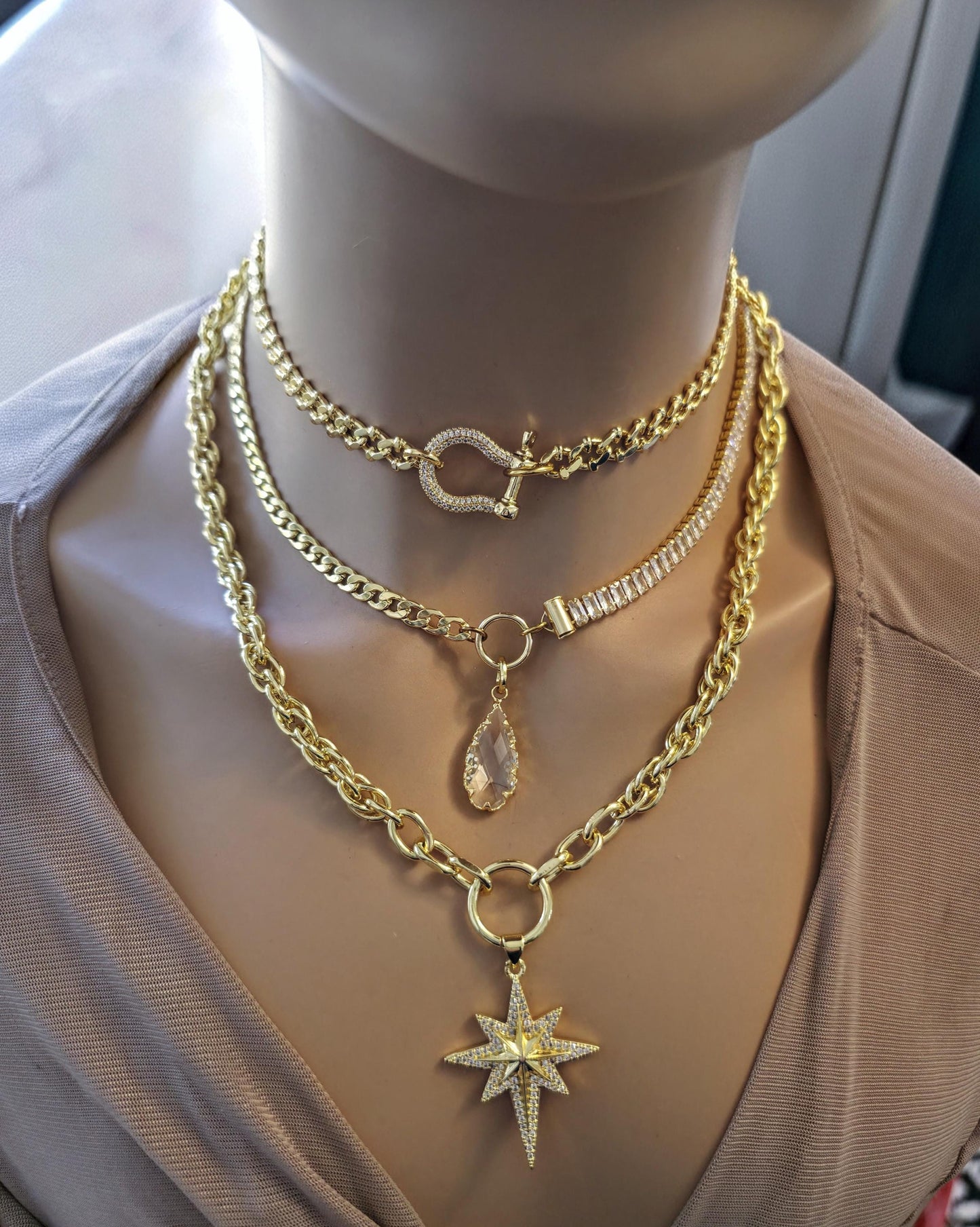 Gold Layered Necklace Set, North Star Pendant Necklace, Maximalist Chain Stack, Crystal Baguette