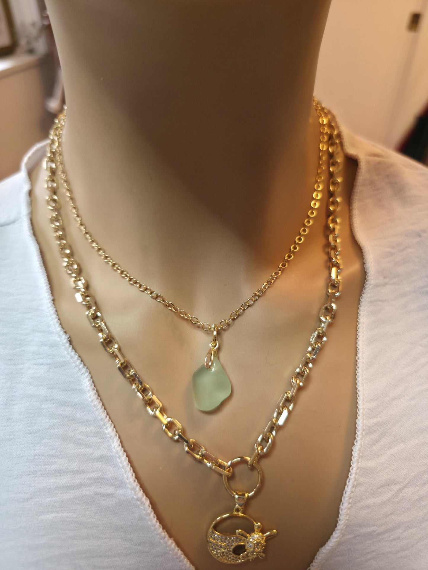 Pacific Shore Sea Glass Layering Necklace with Wave & Turtle Pendant - Gold Plated Steel