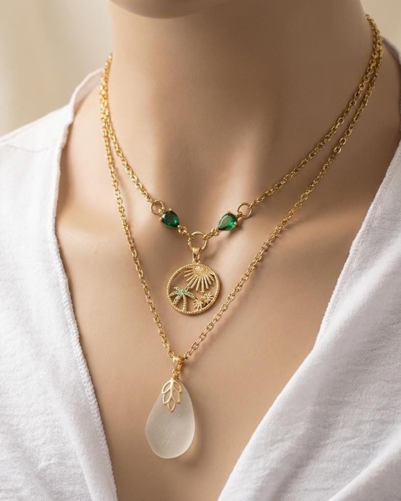 Pacific Genuine Sea Glass Layered Necklace with Tropical Crab Pendant - Gold Plated Steel Ocean Jewelry