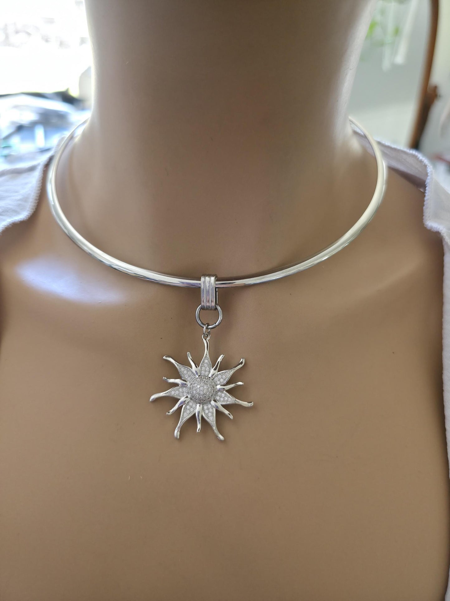 Stainless Steel Sun Rigid Wire Collar Choker Necklace - CZ Removable Sun Pendant Necklace