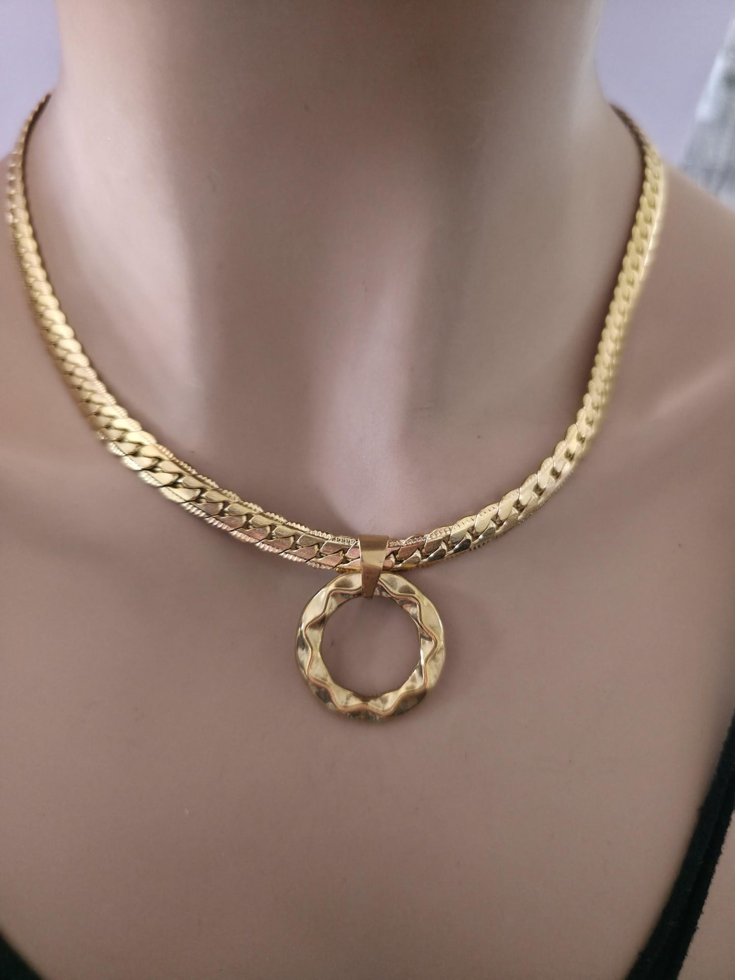 Mens Gold Steel Day Collar, Hammered O-Ring Pendant, Locking Option - Herringbone Chain Symbolic Necklace