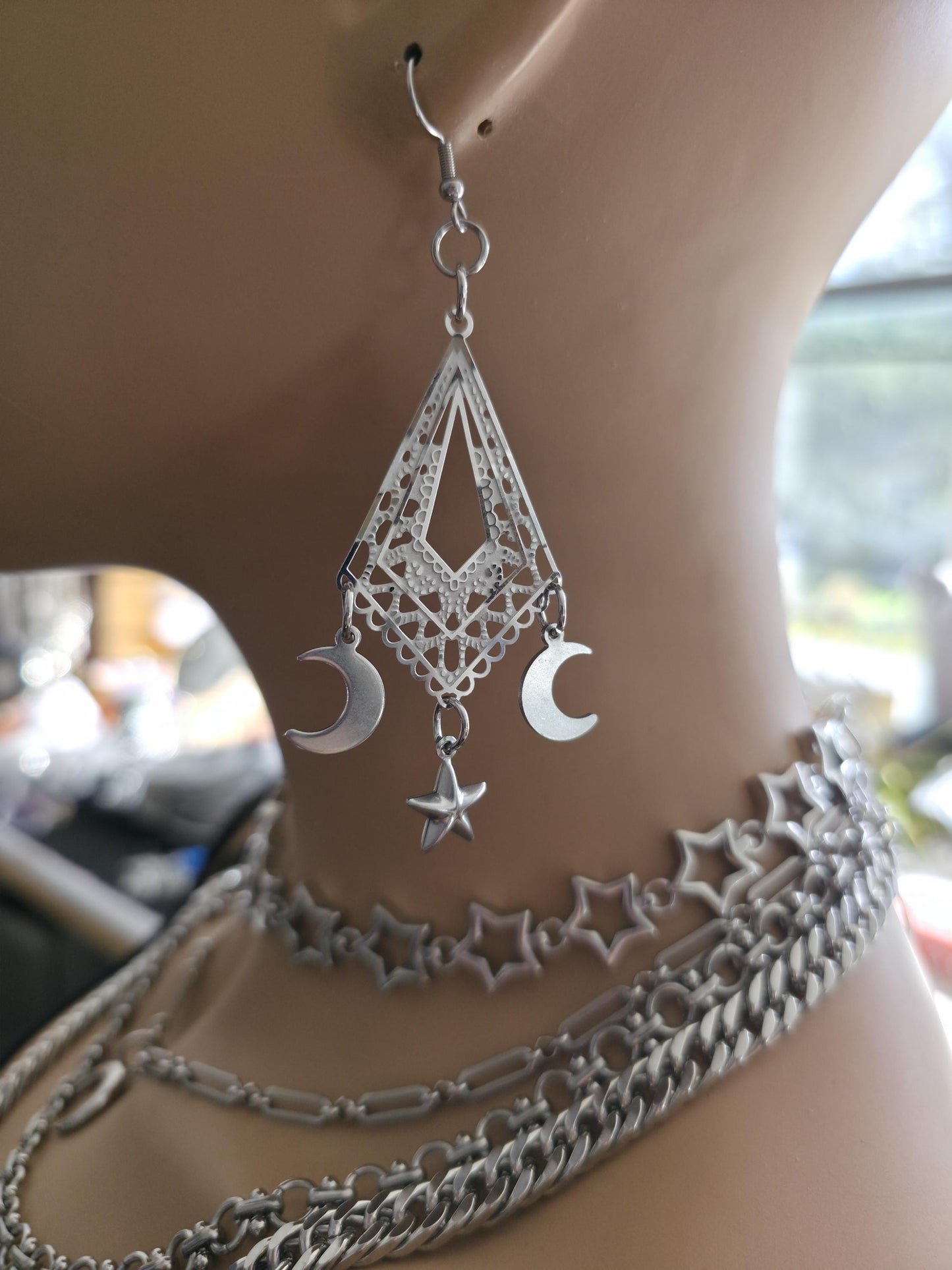 Crescent Moon Star Chandelier Dangle Earrings: Stainless Steel Witchy Celestial Jewelry