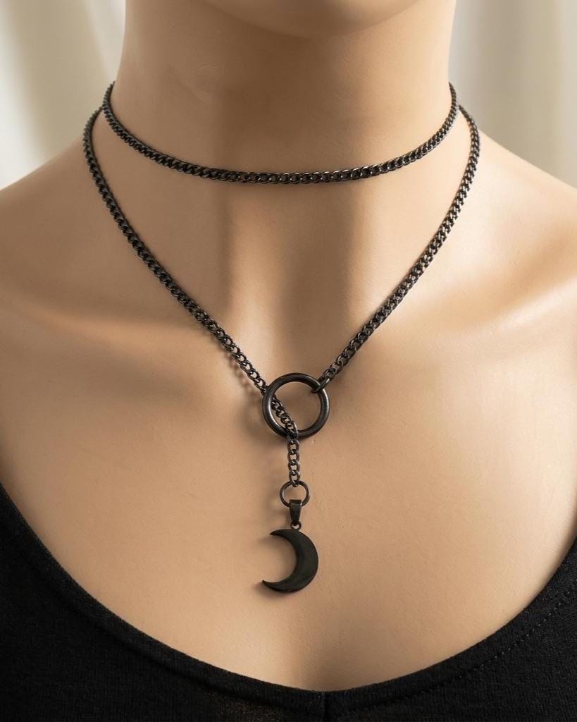 Black Steel Crescent Moon Minimalist Y Necklace | Adjustable Waterproof Gothic Witchy Jewelry