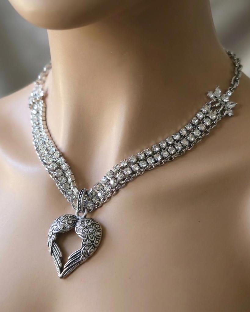 Angel Wing Heart Necklace Triple Strand Rhinestone Choker - Statement Jewelry - Gothic Wedding Jewelry