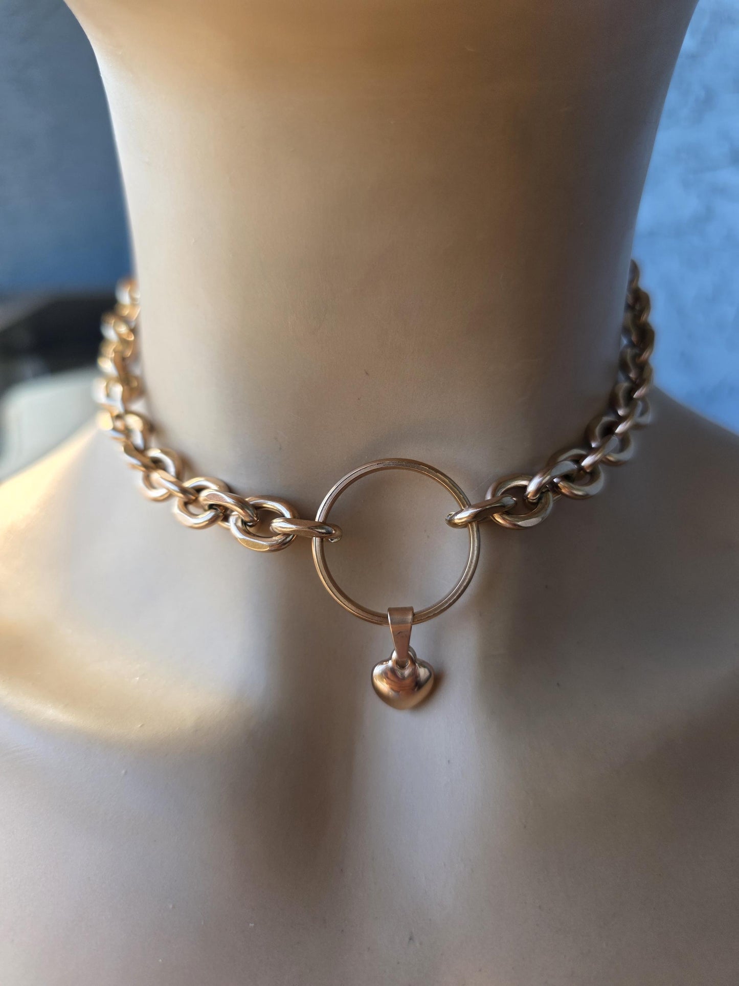 Rose Gold Steel Day Collar Choker Style Necklace with Heart Charm - Adjustable or Locking Clasp