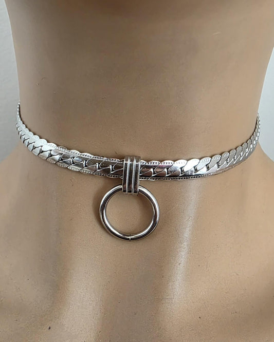 Steel Chunky Collar O-Ring Pendant, Permanent Locking Option - 7mm Herringbone Chain Symbolic Necklace