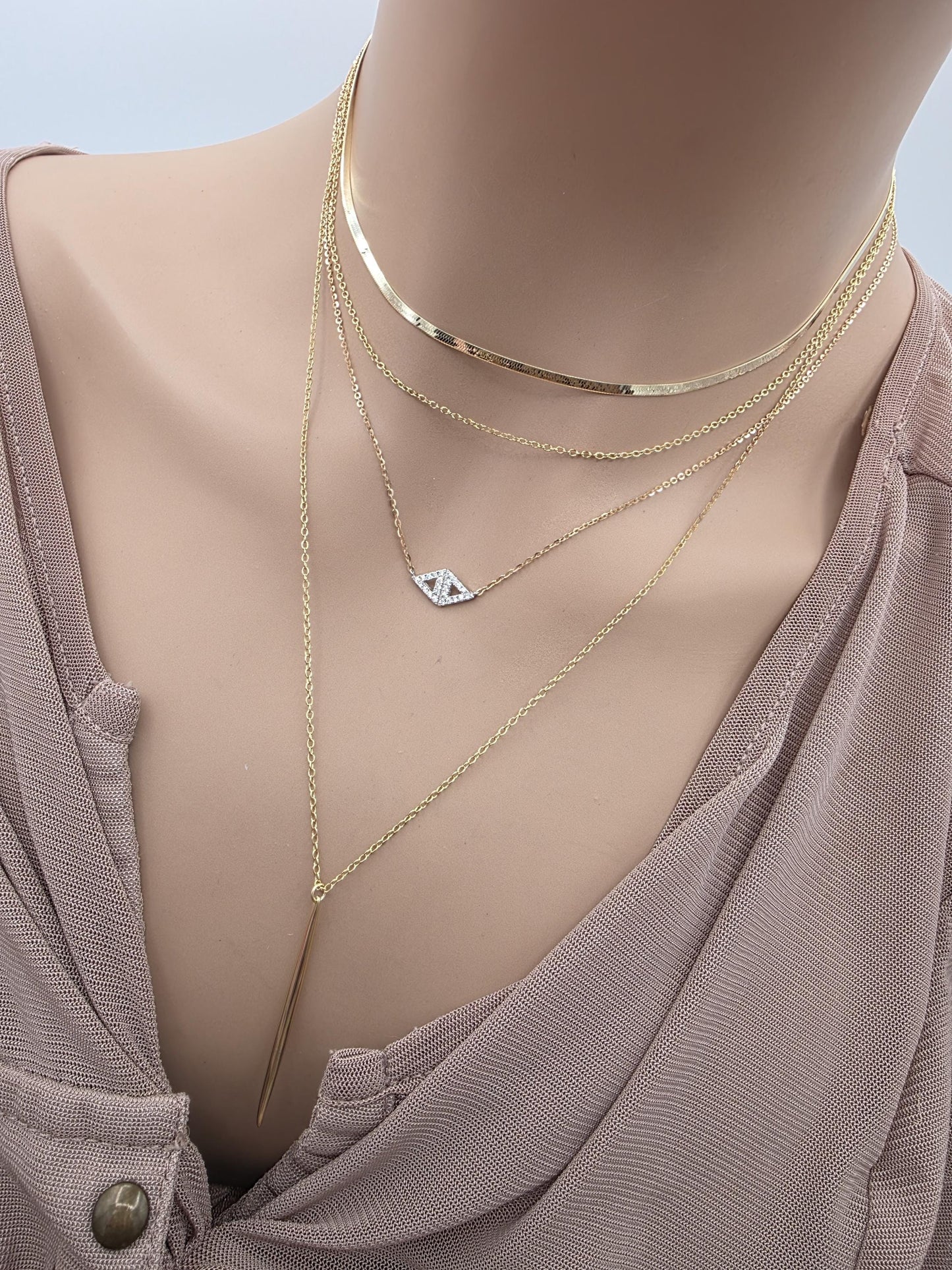 Gold Vermeil Layered Necklace Set, 3 Piece Gold Necklace Stack, Long Pendant Necklace, Crystal Necklace, Herringbone Choker
