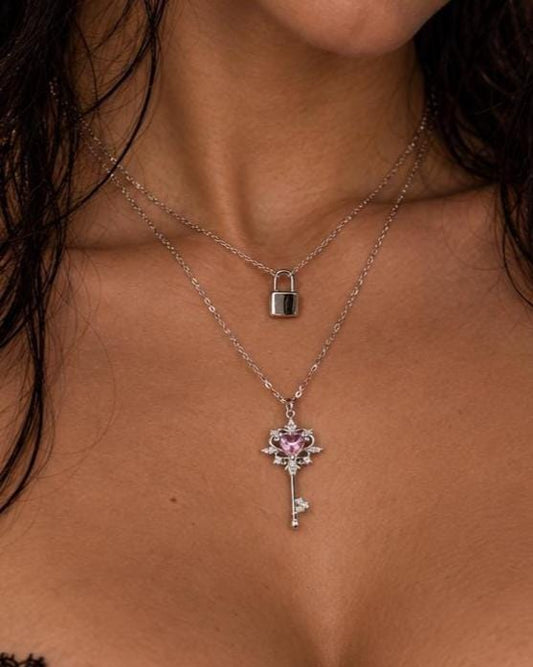 Sterling Silver Lock and Key Necklace Set, Layered Silver Necklaces, Padlock Necklace, Key Necklace with Glass Stone, Two Piece Necklace Set