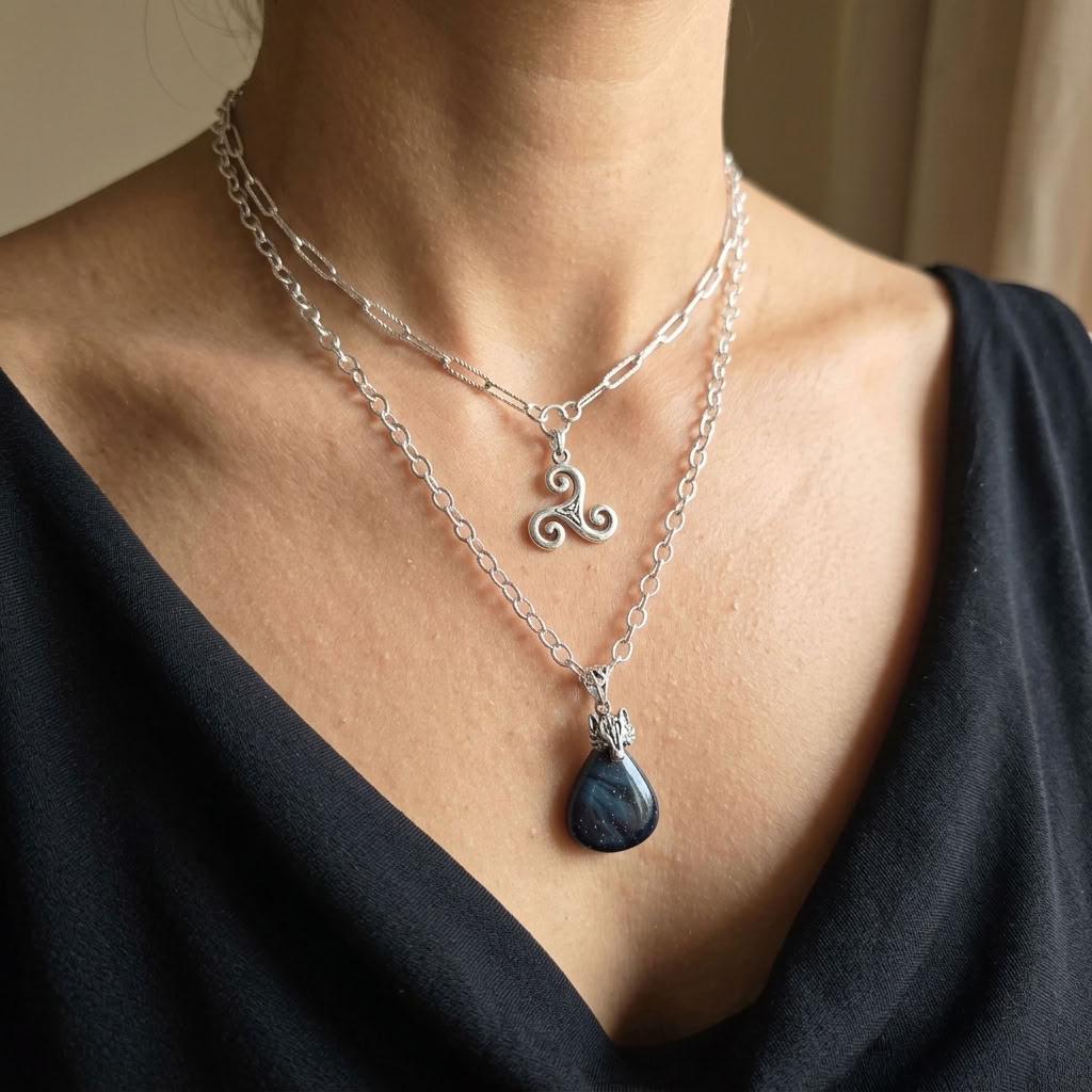 Norse Wolf & Celtic Triskelion Necklace Set | Sterling Silver Layered Necklaces | Leland Blue Glass Pendant | Viking Inspired Jewelry