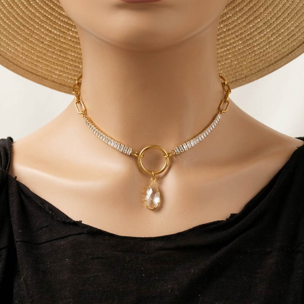 Gold Plated Steel Day Collar with CZ Baguettes and Crystal Pendant Choker Necklace & Permanent Locking Option