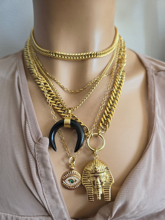 Gold Steel Layered Necklace - Pharoah, Evil Eye | Gold Maximalist Jewelry