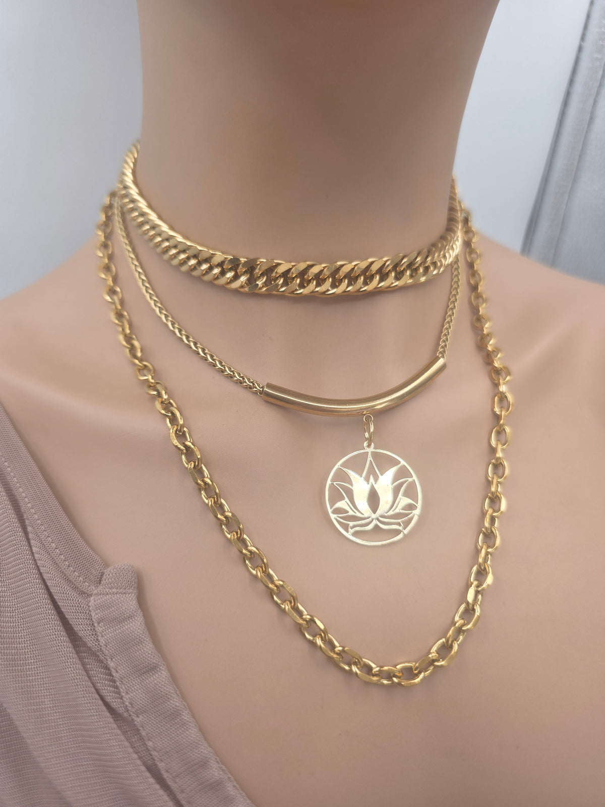 Gold Steel Layered Necklace Set - Lotus | Symbolic | Gold Maximalist Necklace