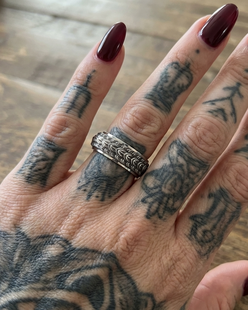Hand with tattoos wearing a ring on a wooden surface