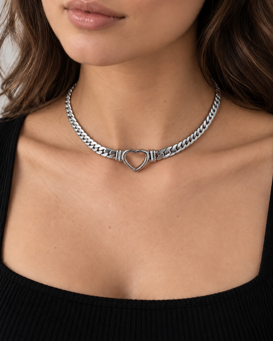 Steel Day Collar Heart Choker Thick Chain - Permanent Locking Clasp Option