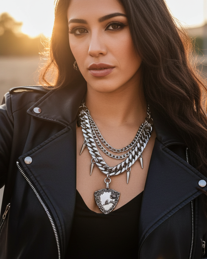 Roses of the Iron Shield - Gothic Punk Roses Shield Pendant Spiked Multi Strand Choker Goth Necklace