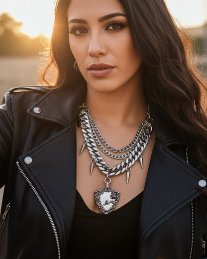 Roses of the Iron Shield - Gothic Punk Roses Shield Pendant Spiked Multi Strand Choker Goth Necklace