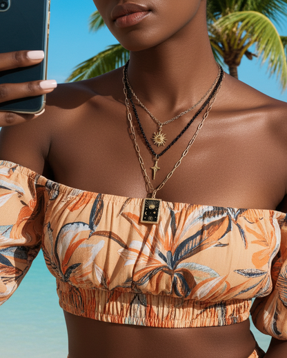 Himmlischer Mond, Sonne, Sterne Gold & Schwarz Nordische geschichtete Halskette | Wikinger-inspiriertes himmlisches Amulett