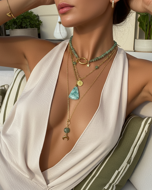 Layered Aventurin & Hemimorphite Halskette Set - 4 separate 18k vergoldet Halsketten Echte Steine - Einstellbare Länge