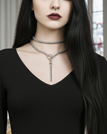 Steel Bar Lariat Layered Slip Chain Choker Collar Necklace