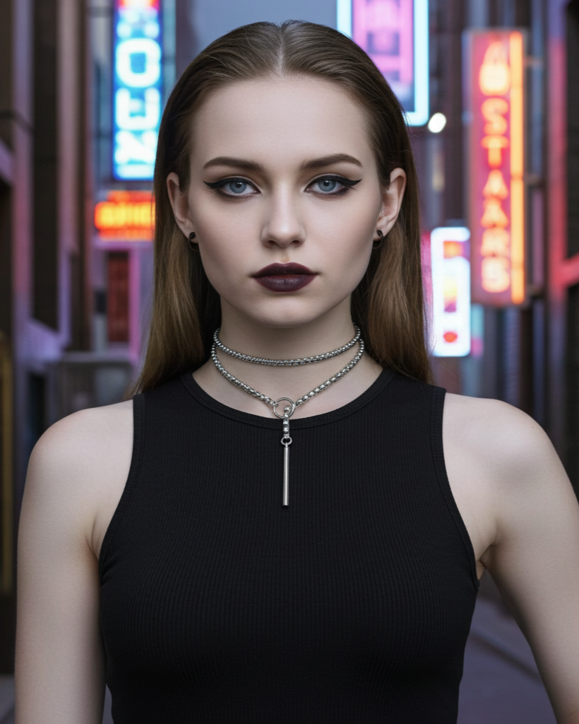 Woman wearing a black sleeveless top with a necklace against a neon-lit cityscape background