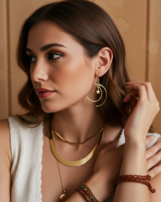 Gold Crescent Moon & North Celestial Pagan Dangle Earrings