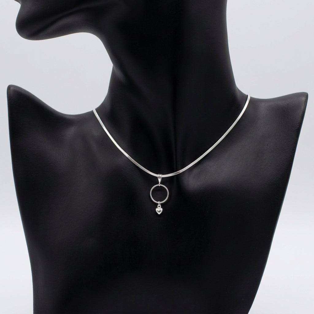 Sterling Silver Day Collar Necklace with Heart Charm on Herringbone Chain - Locking Option
