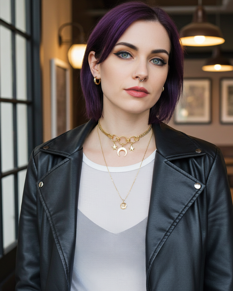 Woman with purple hair wearing a black leather jacket and gold necklaces indoors.