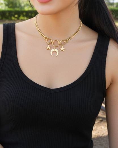 Gold Luxus Elegante Submissive Style Tag Halsband Choker Halskette Mond & Sterne mit Permanent Lockinng Option
