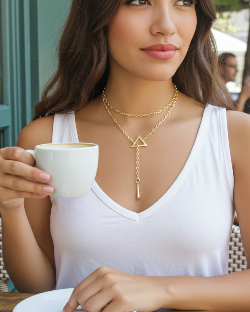 Woman holding a cup of coffee wearing a gold necklace with a triangle pendant.