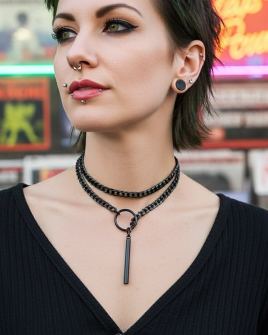 Black Steel Discreet Day Collar Slip Chain Leash Lariat Necklace - Intimate Jewelry