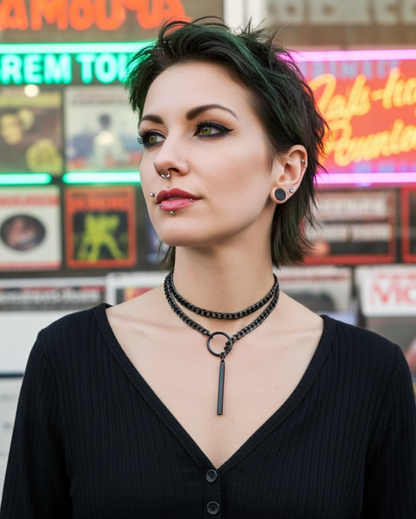 Schwarzes Lariat Choker Wrap Halskette Set mit Bar Anhänger | Dunkler Ästhetischer Stahl Punkschmuck