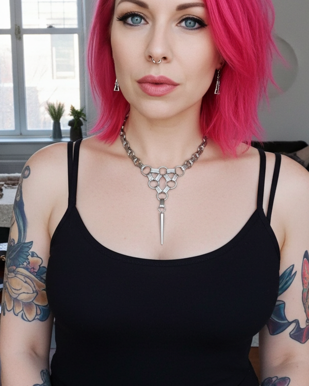 Lattice Chainmail Steel & Spike Gothic Choker Bib Necklace