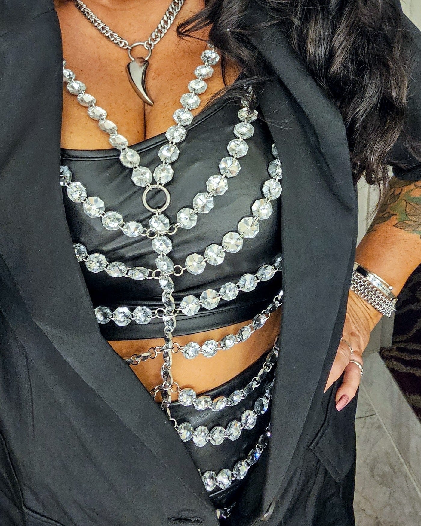 Crystal & Chain Body Harness – Diamond Glass & Stainless Steel Adornment