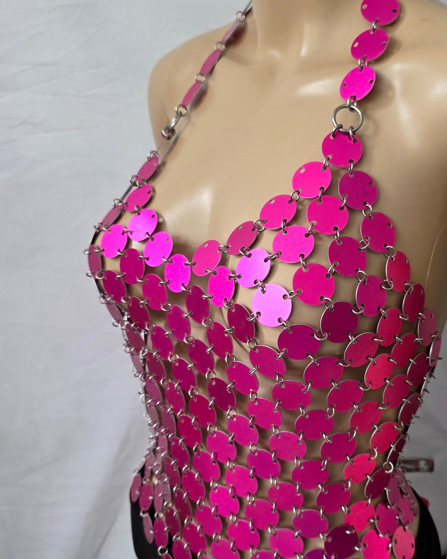 Hot Pink Disc Body Chain Halter Top  – Festival Gala Goddess Formal Accessory