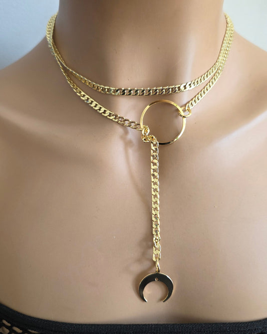 Gold Moon Gothic Lariat Choker Wrap Layer Necklace | Celestial Witch Aesthetic