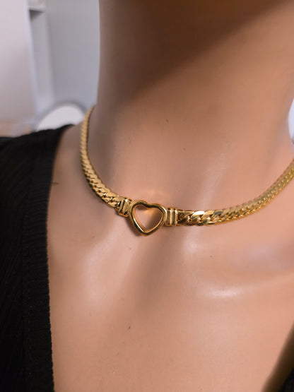 Gold Plated Steel Day Collar Heart Choker - Flat Chain - Adjustable & Locking Options