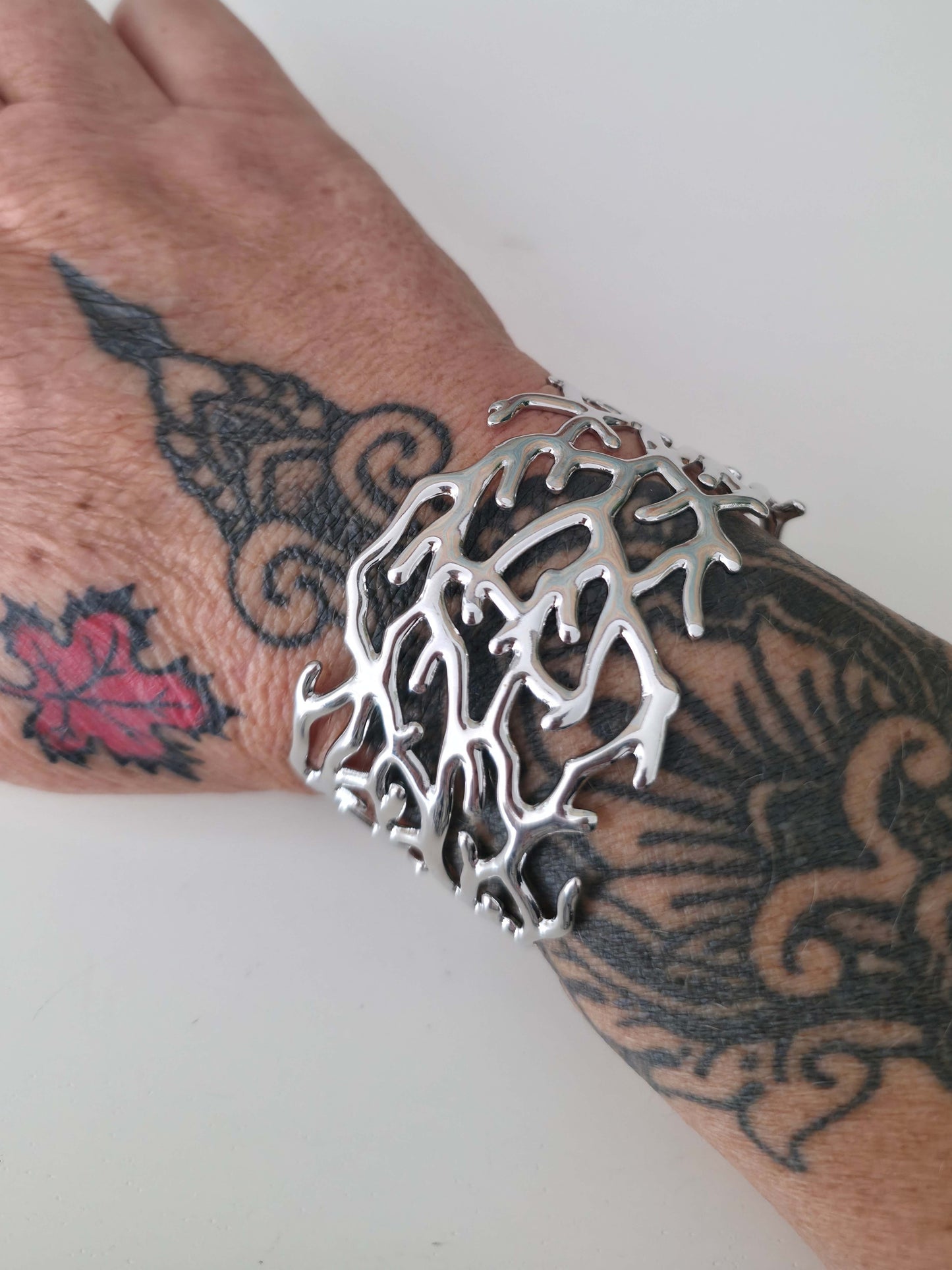 Sea Witch Coral Cuff Bracelet — Wide Statement Cuff — Stainless Steel — Silver