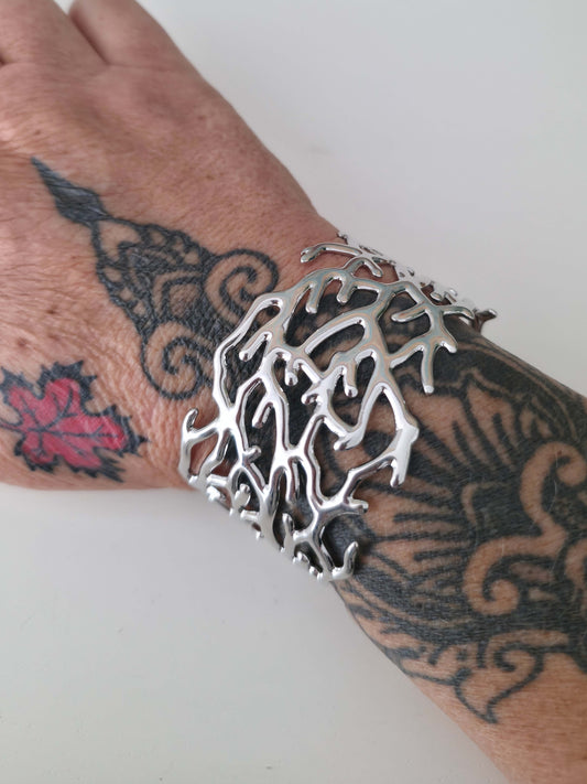 Sea Witch Coral Cuff Bracelet — Wide Statement Cuff — Stainless Steel — Silver