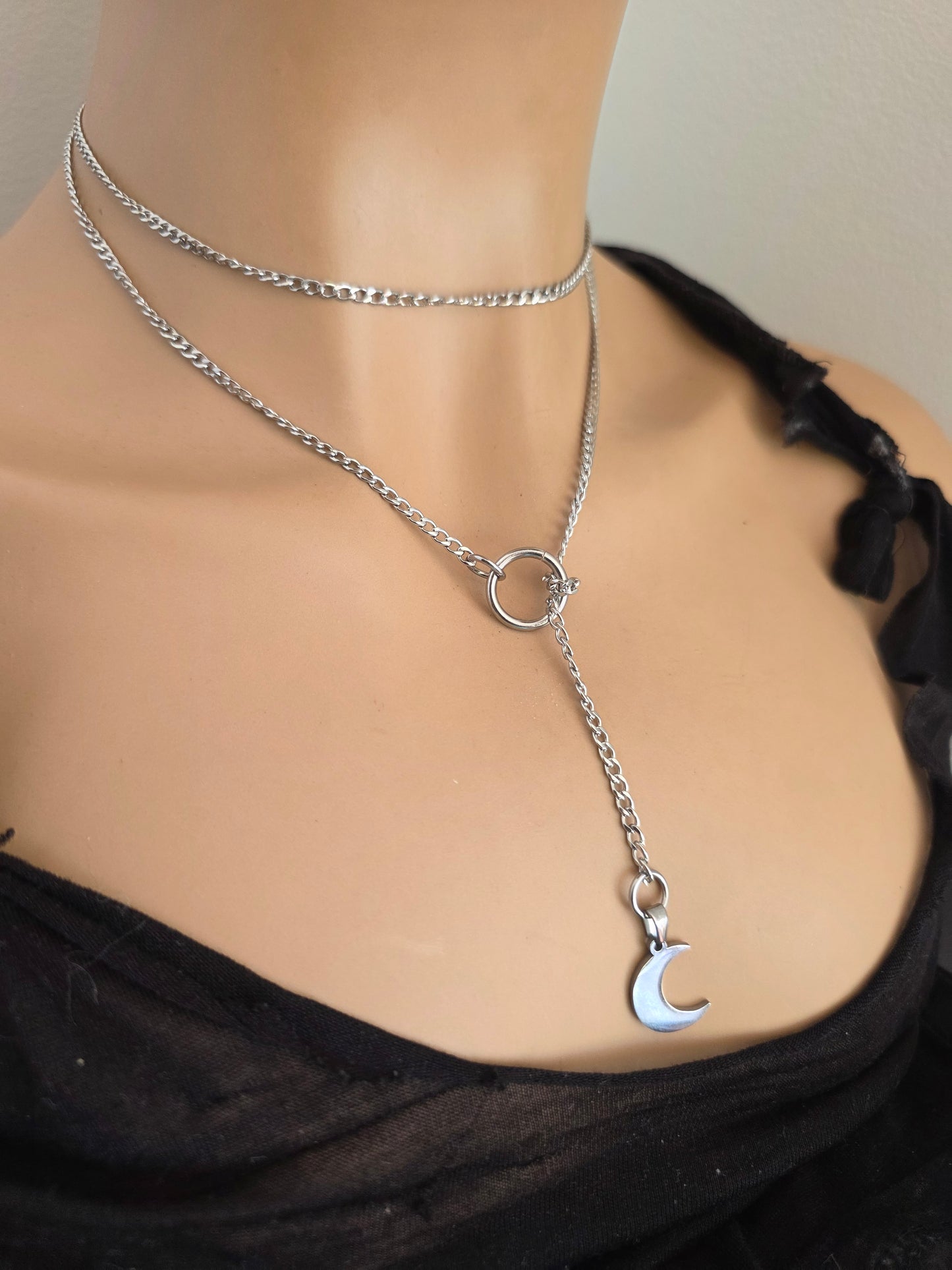 Steel Moon Gothic Slip Chain Lariat Wrap Layer Necklace | Celestial Jewelry