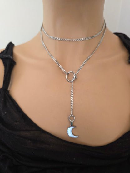Steel Moon Gothic Slip Chain Lariat Wrap Layer Necklace | Celestial Jewelry