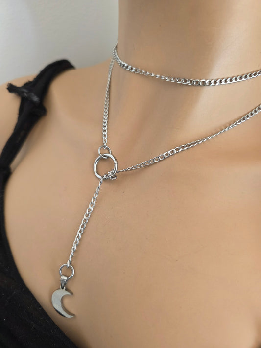 Steel Moon Gothic Slip Chain Lariat Wrap Layer Necklace | Celestial Jewelry