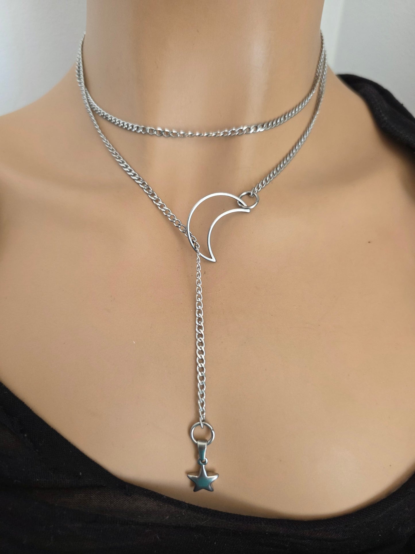 Lasso de Maan & Ster Steel Lariat Choker Wrap Gelaagde Ketting | Heidense Heks Esthetiek