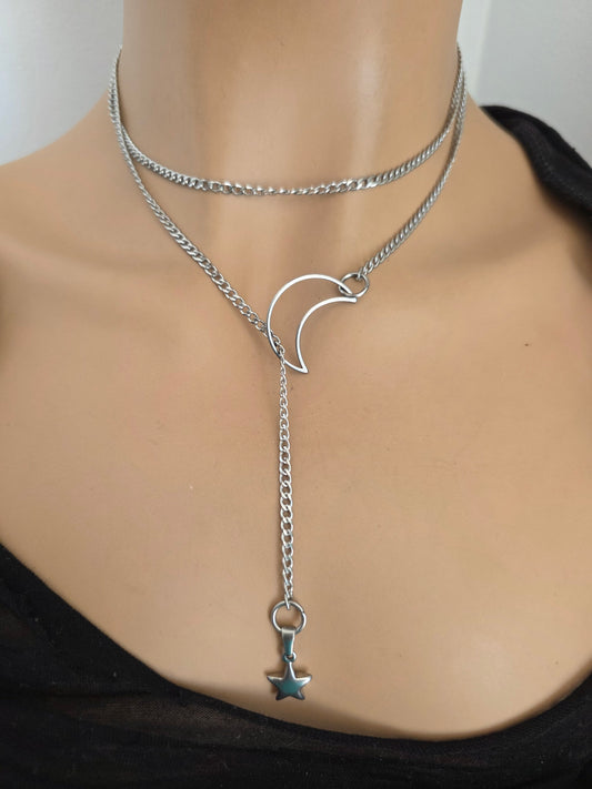Lasso the Moon Stahl Lariat Wrap Layered Halskette | Celestial Witch