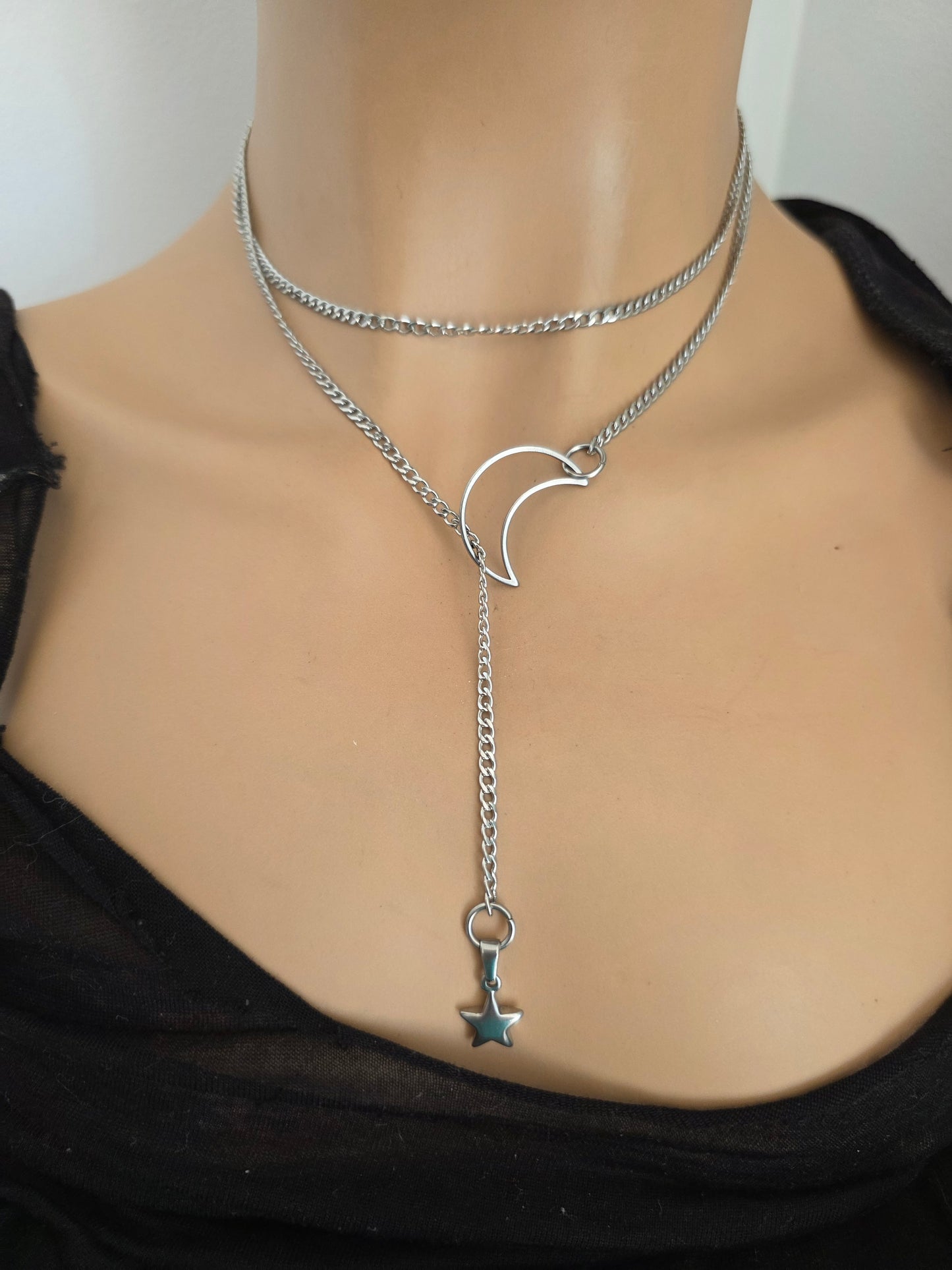 Lasso de Maan & Ster Steel Lariat Choker Wrap Gelaagde Ketting | Heidense Heks Esthetiek