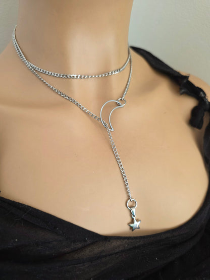 Lasso de Maan & Ster Steel Lariat Choker Wrap Gelaagde Ketting | Heidense Heks Esthetiek